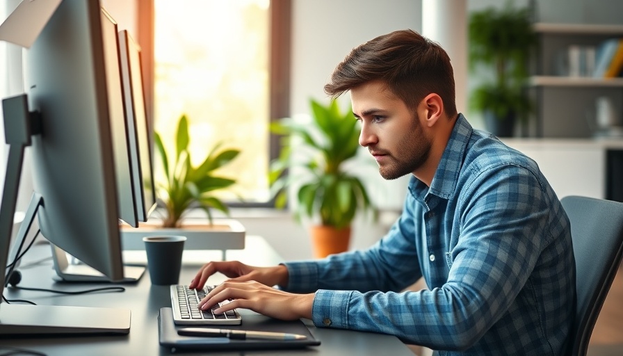 AI in small business content marketing: Young man working at computer in modern office.