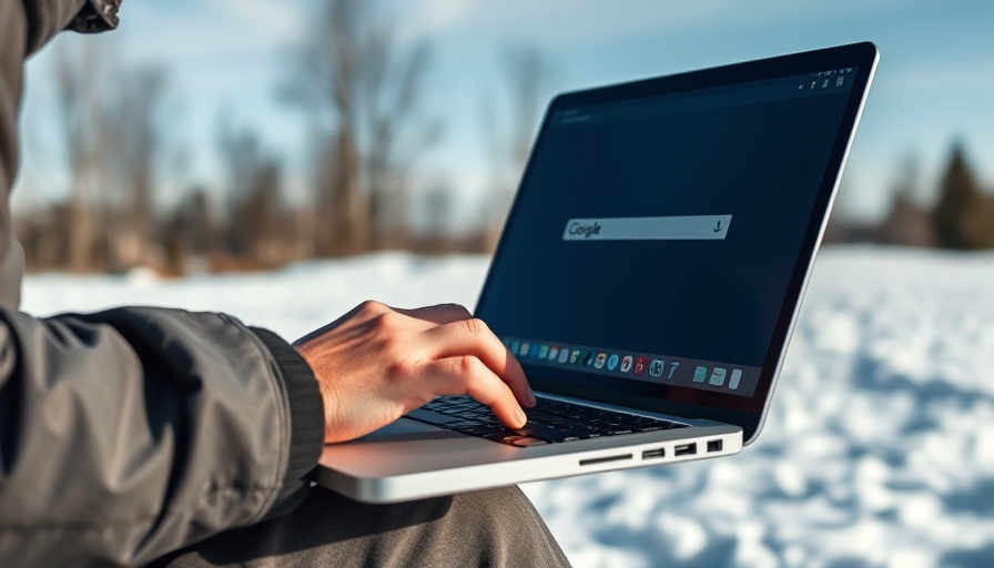 Person using laptop to search Zoho Website for Small Business outside.