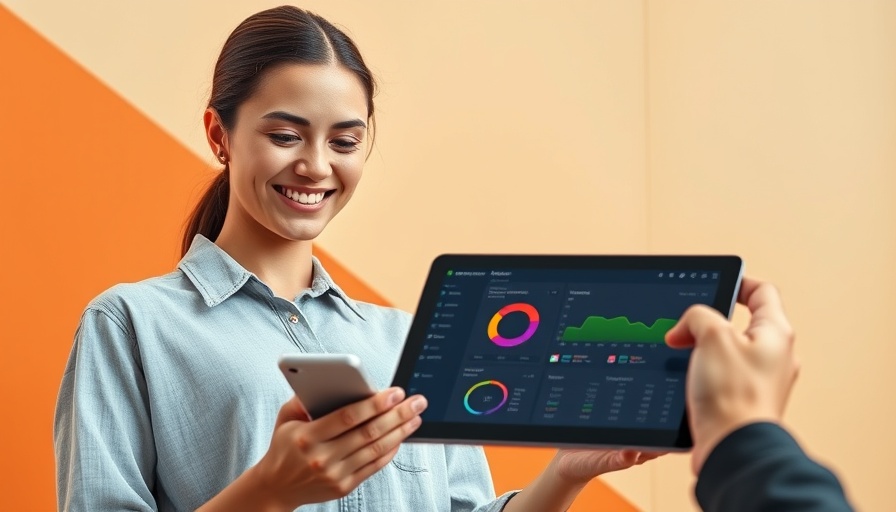 Young woman with smartphone and tablet showing dashboard, ideal for CRMs for fitness businesses.