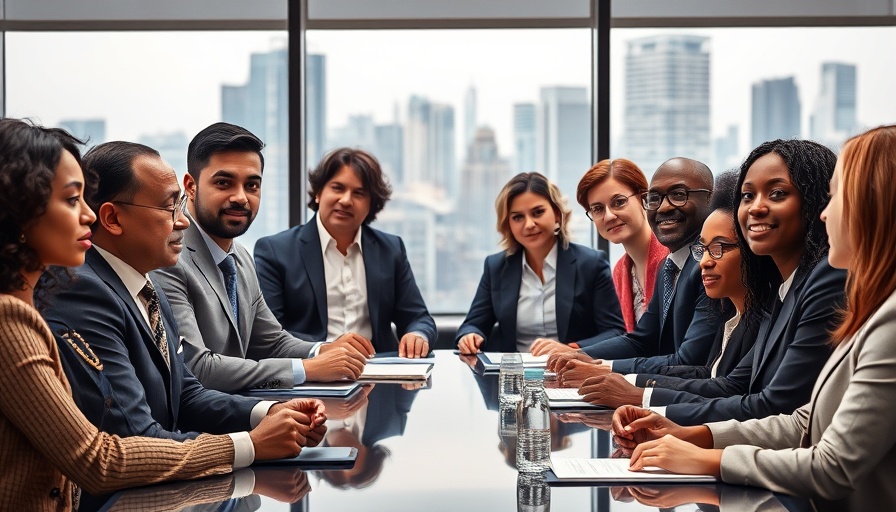 Business professionals discussing AI threats in a modern conference.