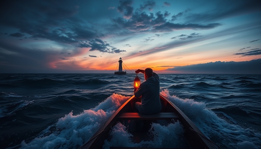 Solitary figure navigating turbulent sea at dusk, exploring identity and meaning in the AI age.