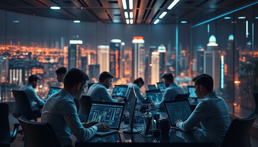 Professionals in a futuristic office using laptops with data visuals.