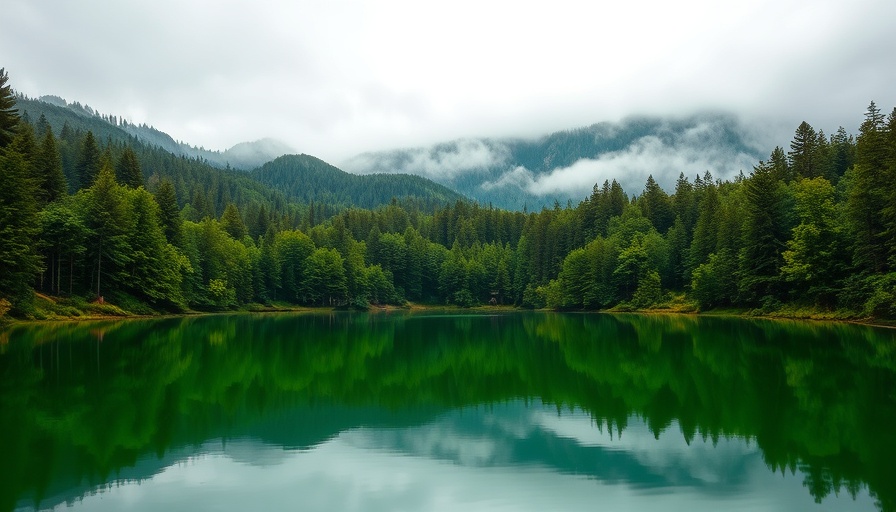 AI Reshaping Customer Journeys concept with tranquil forest and lake reflection.