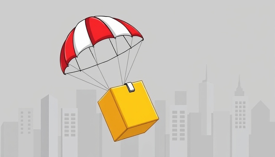 Cartoon package with parachute over cityscape, illustrating dropshipping concept.