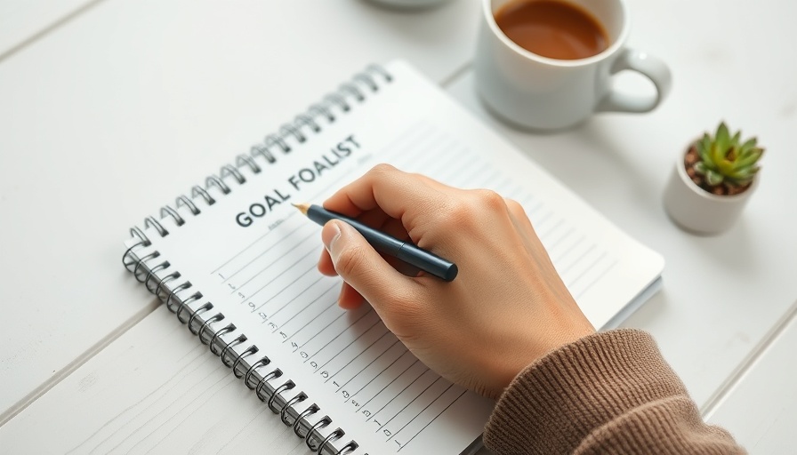 Hand writing in notebook, effective goal setting system, coffee and plant nearby.