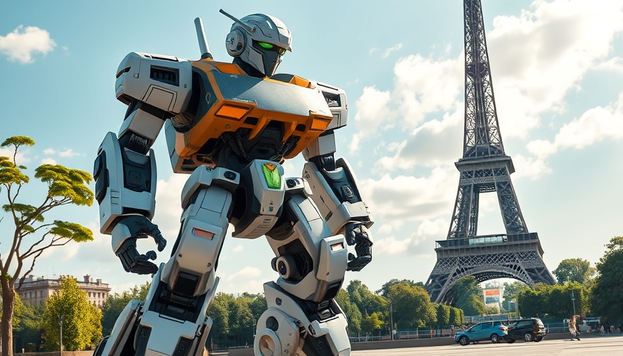 Futuristic giant robot near Eiffel Tower displaying AI features.