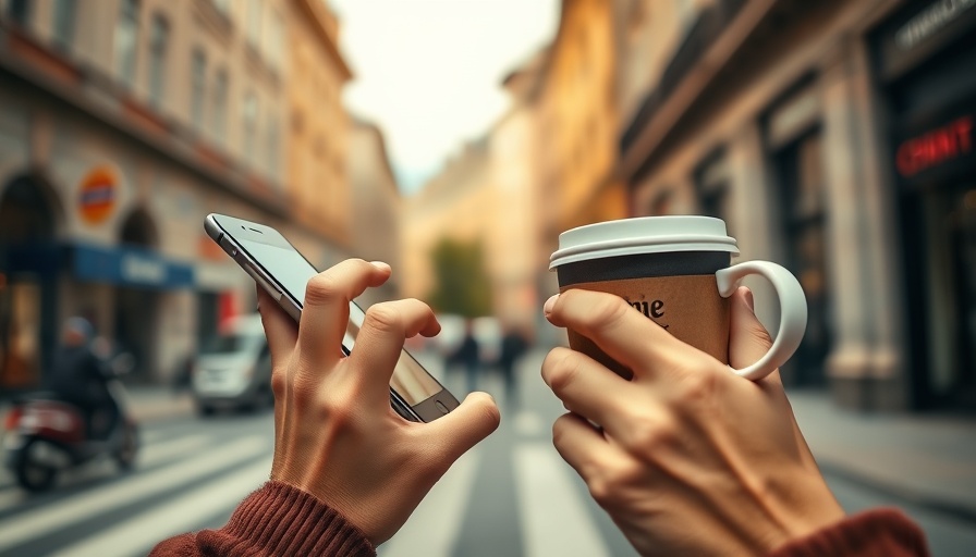 Person with coffee and smartphone, protect your brand from SMS scams.