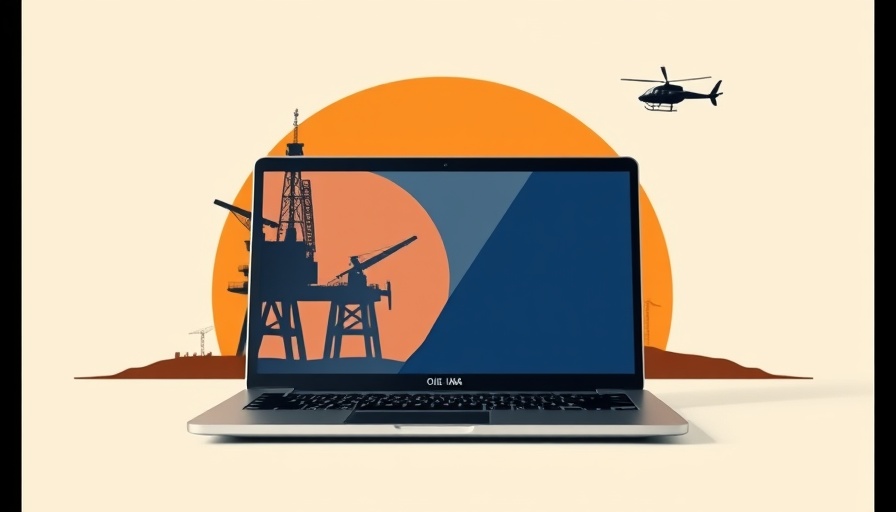 Laptop with oil rig silhouette illustrating best CRMs for oil and gas businesses.