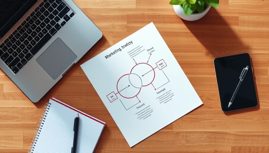 Marketing strategy diagram on desk with laptop, pen, and notebook.
