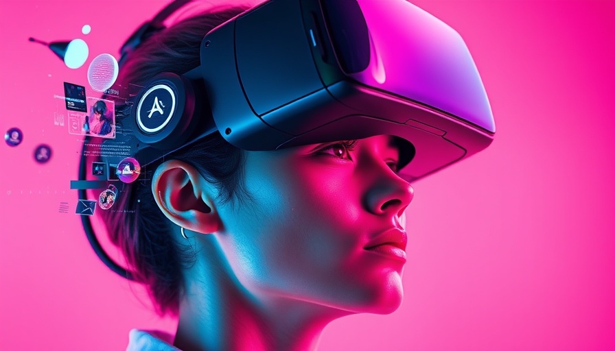 Futuristic digital creator wearing VR headset in vibrant digital setting.