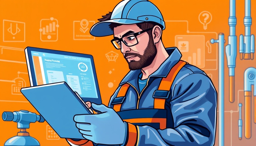 Futuristic illustration of CRMs for plumbers in 2025 with tools and icons.