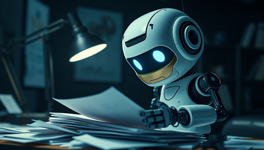 Cute cartoon robot using AI tools to analyze documents