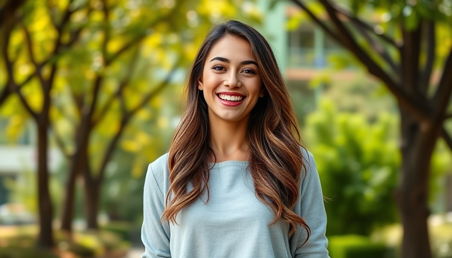 Confident young woman smiling in a park, showing career growth in tech industry.