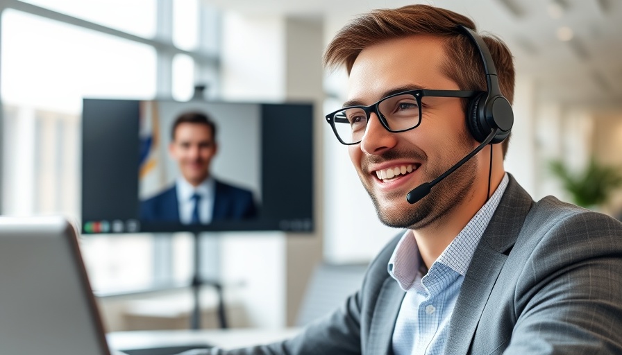 Smiling man in headset on video call in bright office.