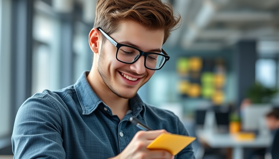 Young man writing on sticky notes in office, effective onboarding for employees.