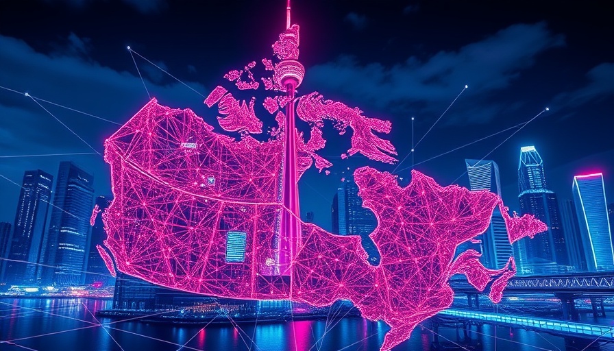Futuristic Canada map with digital networks and iconic skyscrapers