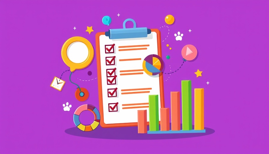 Colorful illustration of checklists and charts on a purple background.