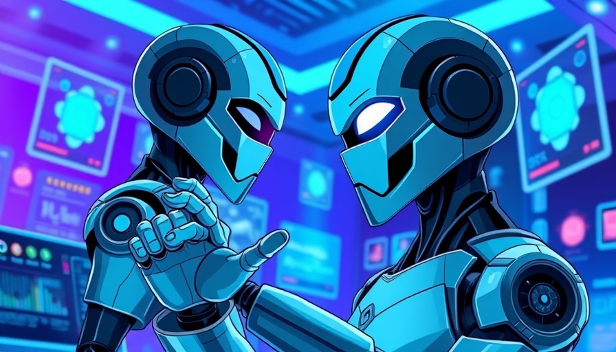 Futuristic robot interacting with digital screens in a modern workspace.