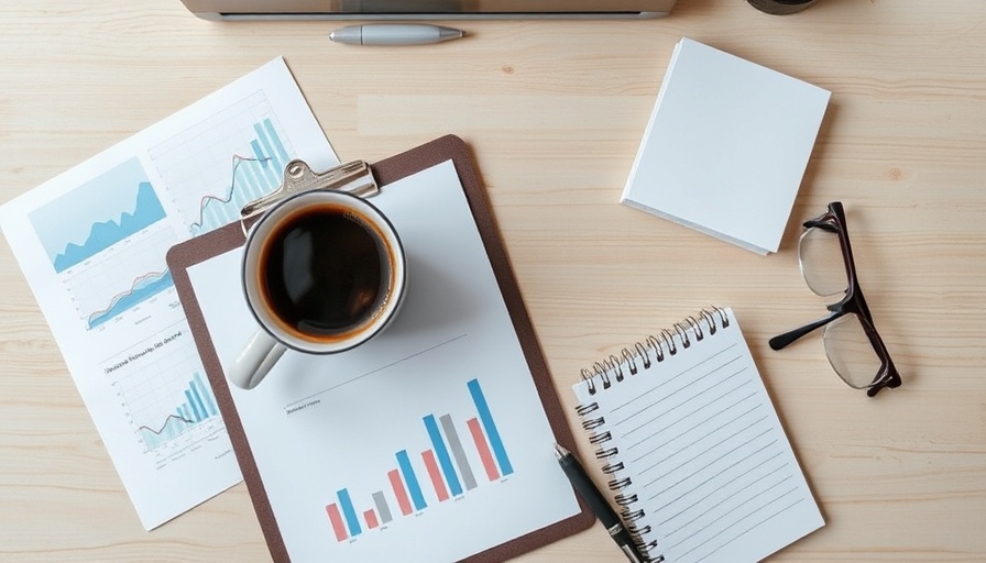 Graph documents on desk with coffee, notepad, and glasses, break even analysis formula concept