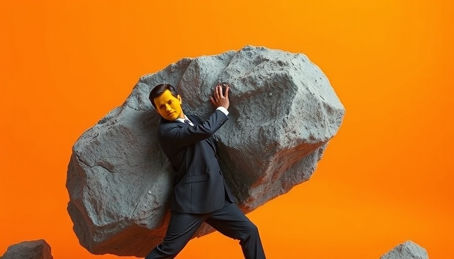 Surreal image of a man lifting a rock, illustrating marketing advantage through values.