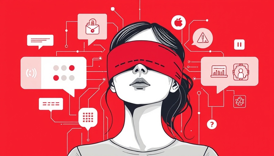 Illustration of blindfolded woman with digital icons on red.