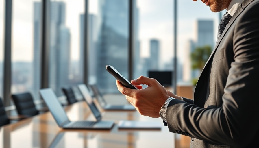 Businessman with phone strategizing digital marketing in office.