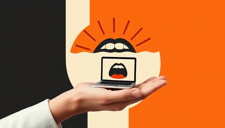 Abstract digital art of a hand with a mini laptop and a graphic mouth symbol, AI chatbots for marketers.