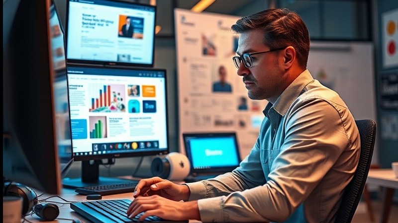Photorealistic digital marketing strategist analyzing brand goals in high-tech office.