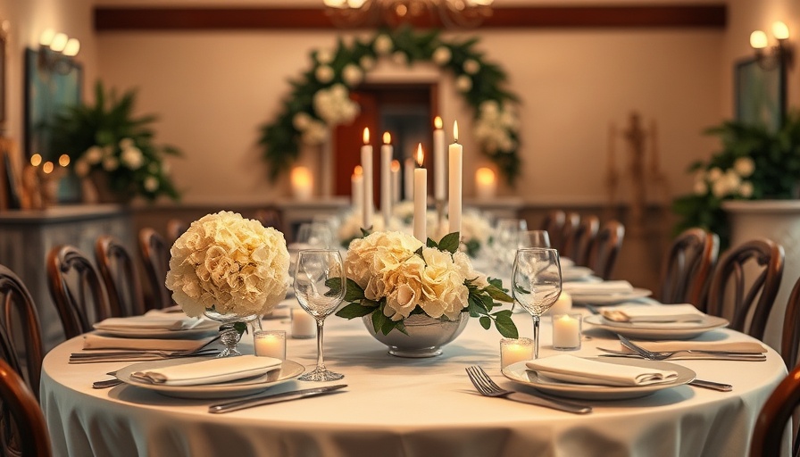 Tuscan-inspired wedding table with white hydrangeas and candles.