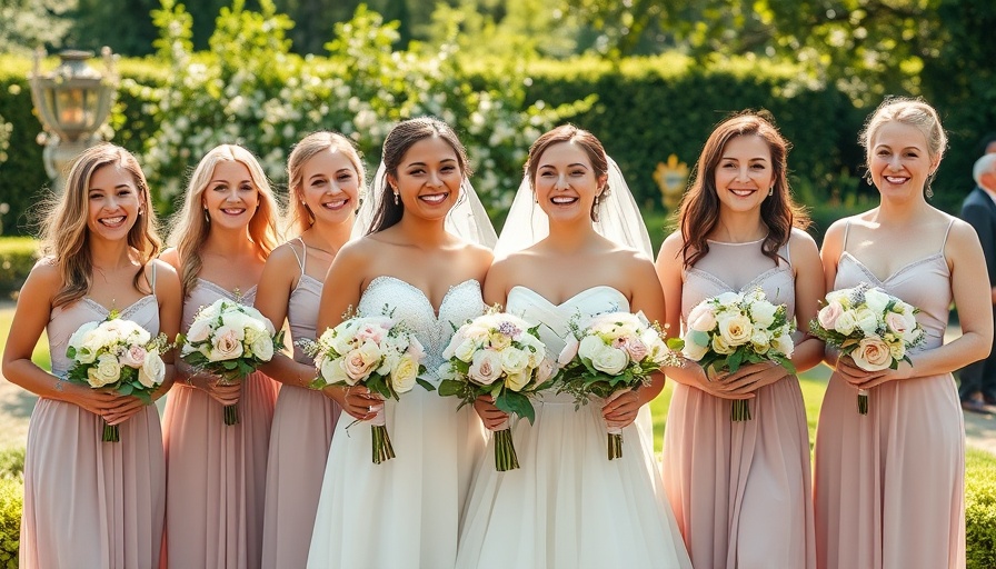 Elegant Southern wedding party holding bouquets in outdoor setting.