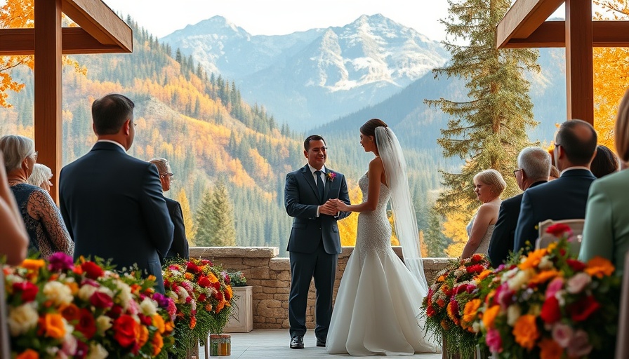 Mountain Wedding Venues: Bride and groom exchanging vows in scenic autumn setting.