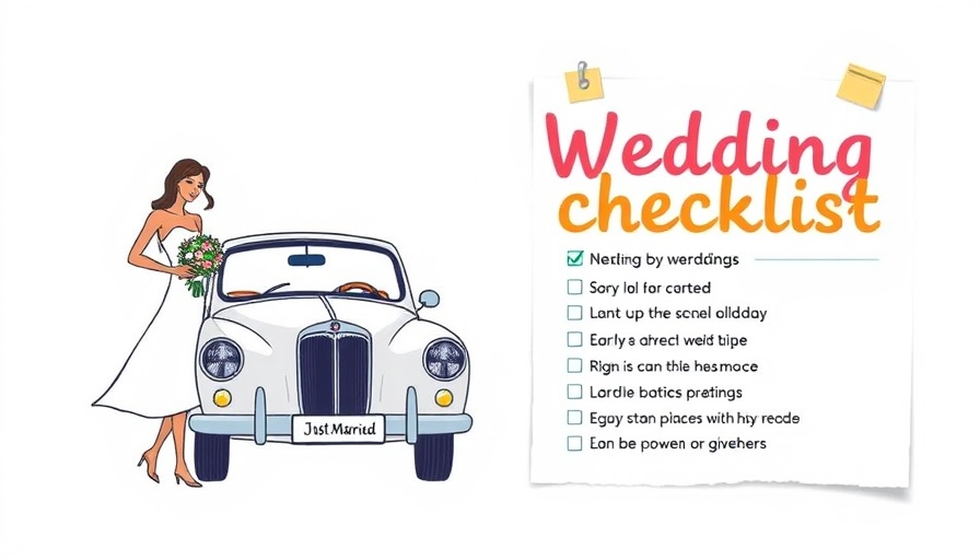 Wedding Day Packing Checklist graphic with couple and car illustration.