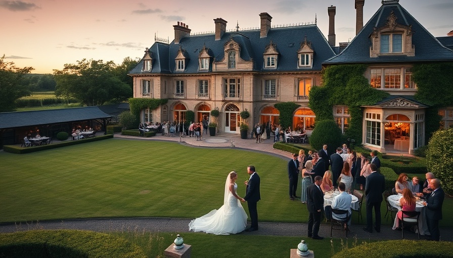 Elegant French garden wedding at a chateau during twilight.