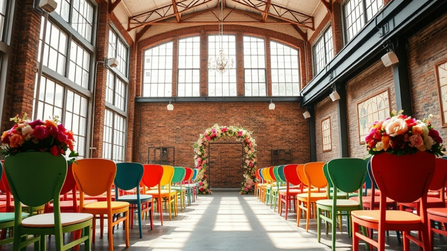 Colorful wedding venue with modern seating and floral decor.