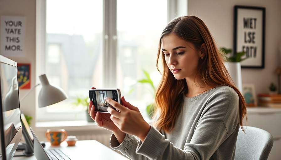 Focused young woman capturing social media content, chic workspace.