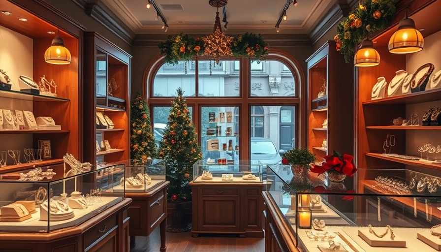 Elegant jewelry shop preparing for engagement season with festive decor.