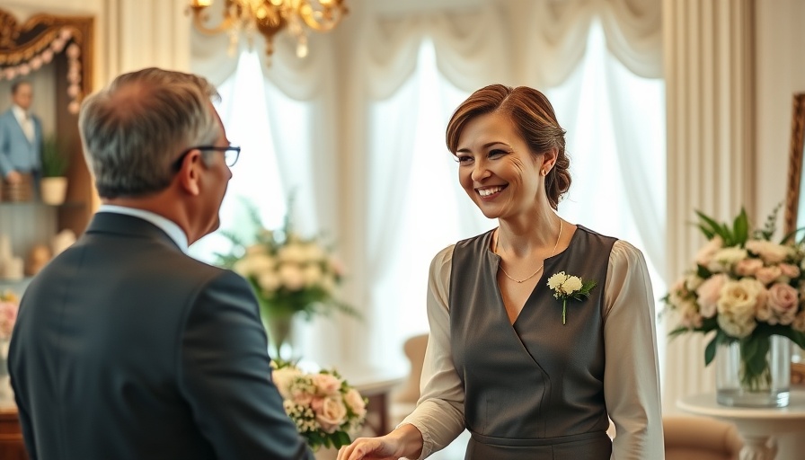 Friendly wedding vendor assisting couple in elegant office.