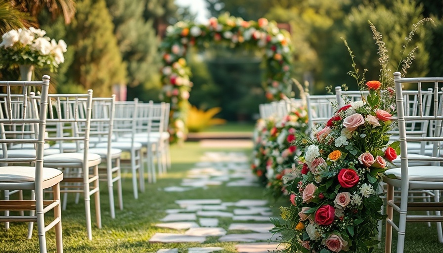 Elegant wedding setup with floral aisle arrangement.