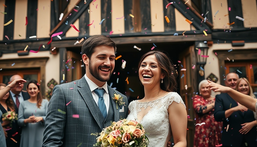 Joyful couple in confetti shower at vintage winter wonderland wedding.