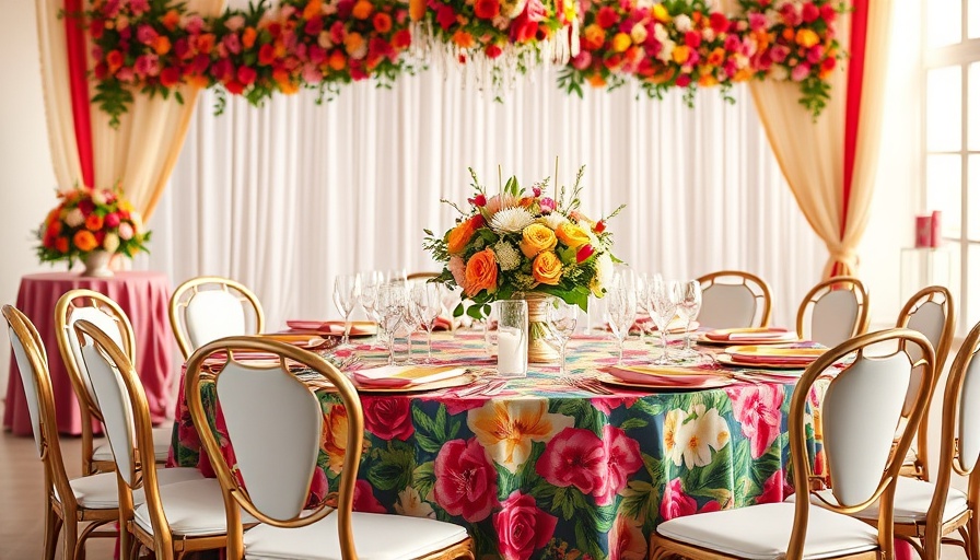 Vibrant California wedding table with floral linens and decor.