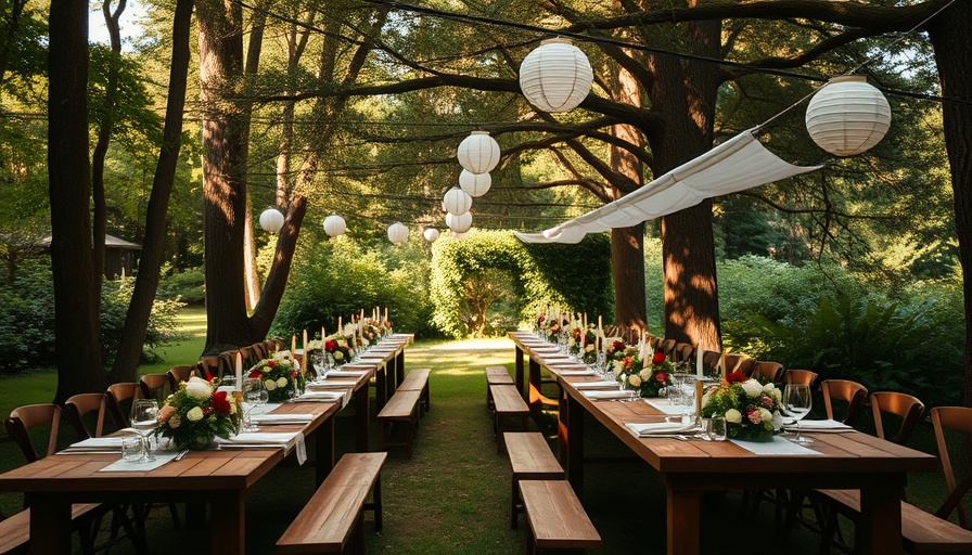 Elegant backyard wedding setup with long wooden tables.