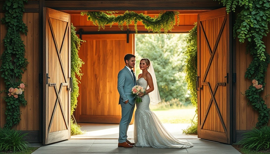 Painterly Floral Wedding: Elegant couple in rustic barn entrance.