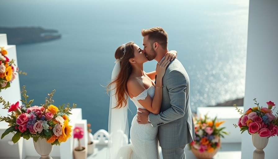 Romantic Santorini wedding with vibrant flowers and ocean view.