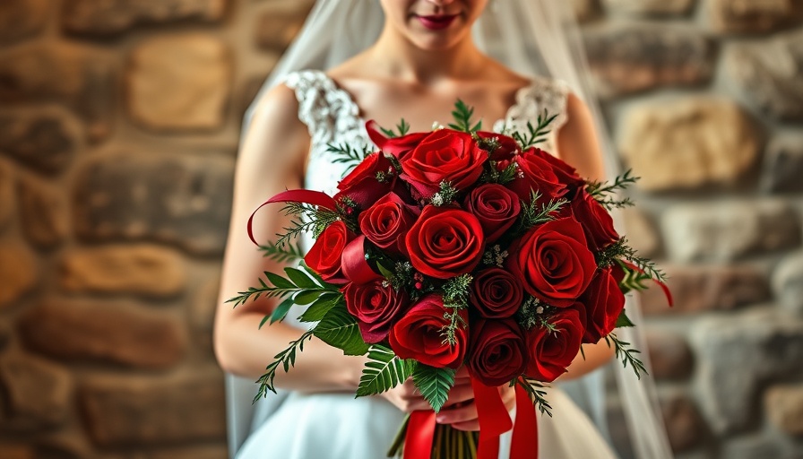 Bride with bold red bouquet at elegant wedding.