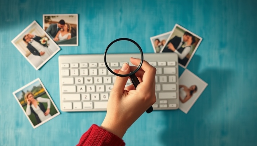 Digital wedding planning concept with photos and magnifying glass.