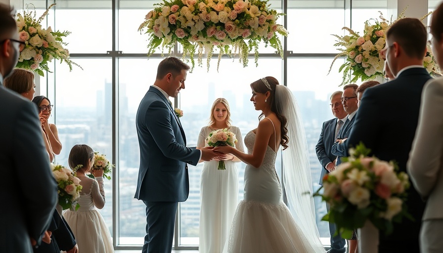 Modern wedding ceremony with city skyline view