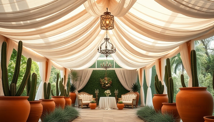 Elegant ambient ceilings in weddings with terracotta vases and cacti.