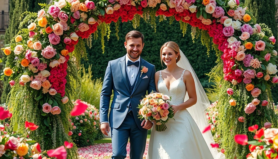 Summer wedding at Black Butte Ranch with joyful couple and floral arch.