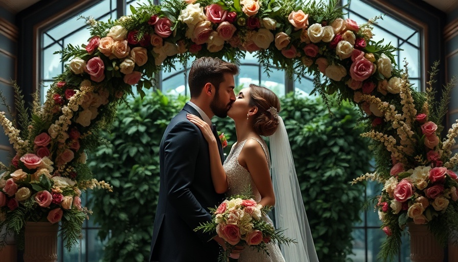 Moody romantic wedding with couple kissing under floral arch.
