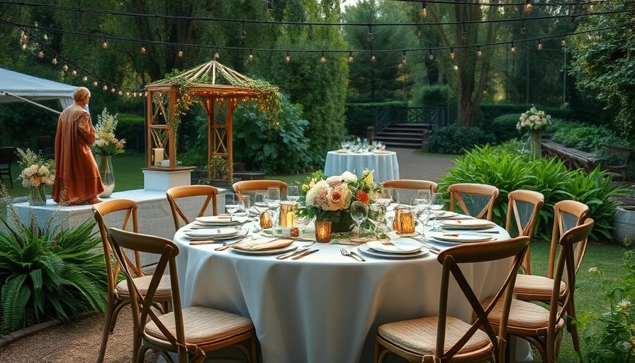 Beautiful wedding decor ideas for an outdoor reception with floral centerpiece.